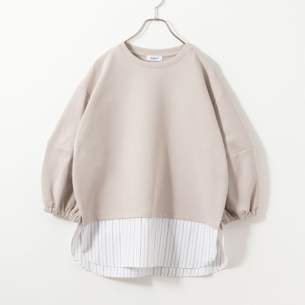 NAVY ポンチ素材 時短フェイクレイヤード九分袖プルオーバー レディース