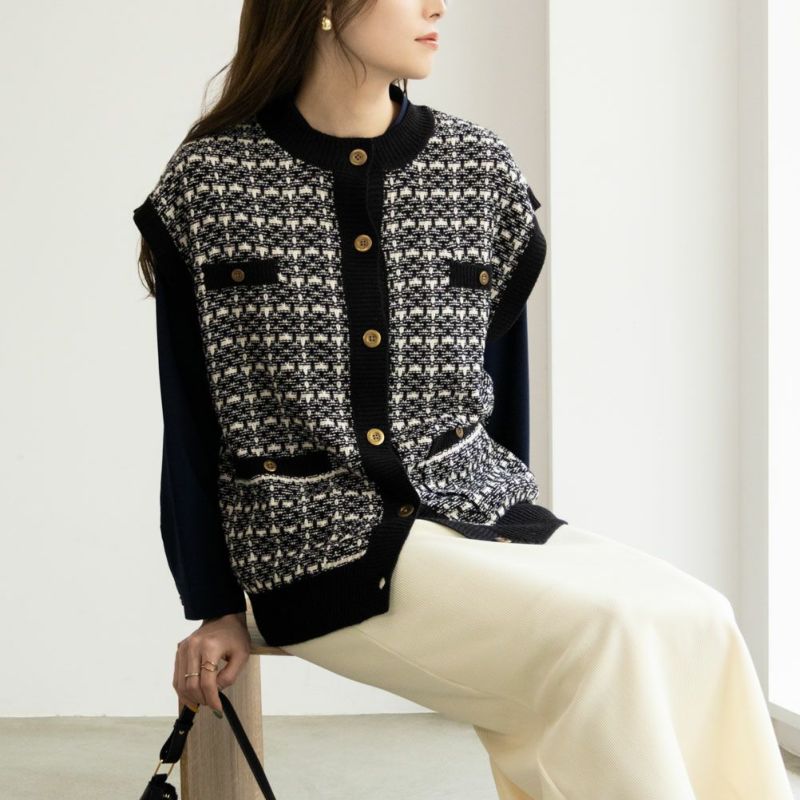 7ゲージツイード柄ニットベスト レディース商品画像-1