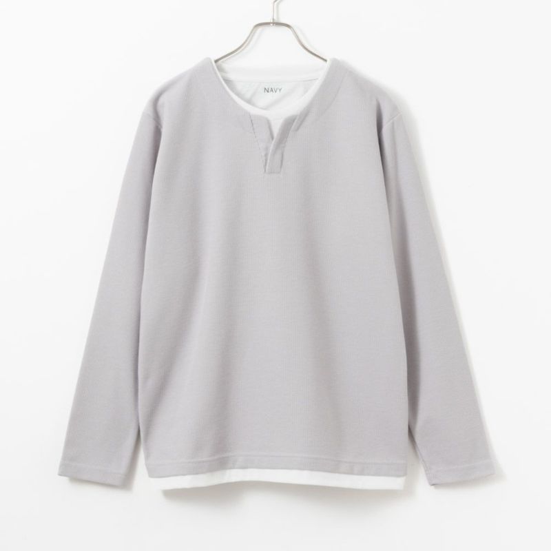 NAVY  カノコキーネックレイヤード長袖Tシャツ メンズ商品画像-1
