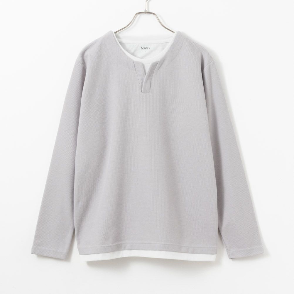 NAVY  カノコキーネックレイヤード長袖Tシャツ メンズ商品サムネイル-1