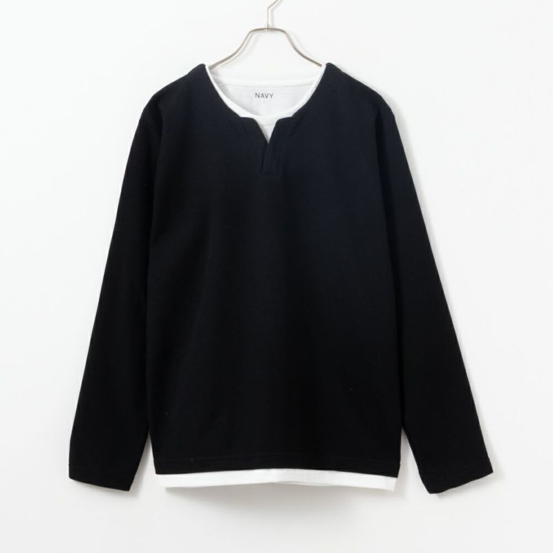 NAVY  カノコキーネックレイヤード長袖Tシャツ メンズ商品画像-2
