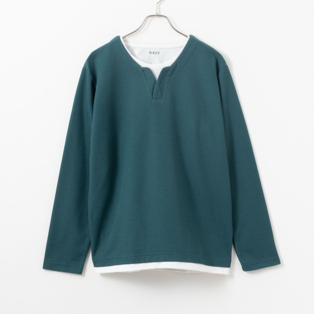 NAVY  カノコキーネックレイヤード長袖Tシャツ メンズ商品サムネイル-3
