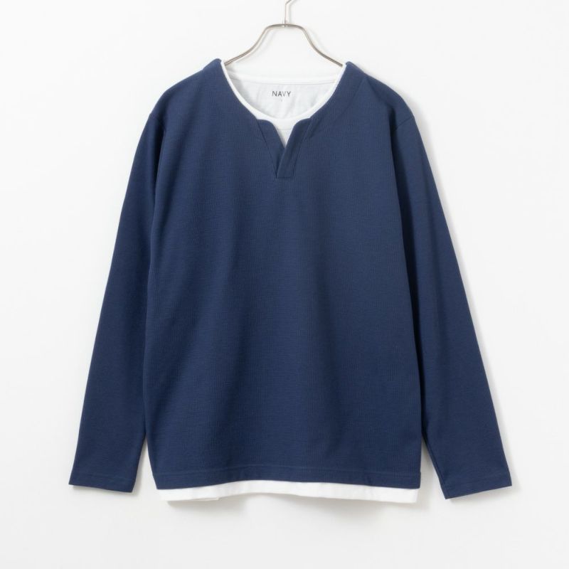メタルフック キーネック Tシャツ 長袖 半袖 韓国 メンズ nr7822 NAVY カノコキーネックレイヤード長袖Tシャツ メンズ