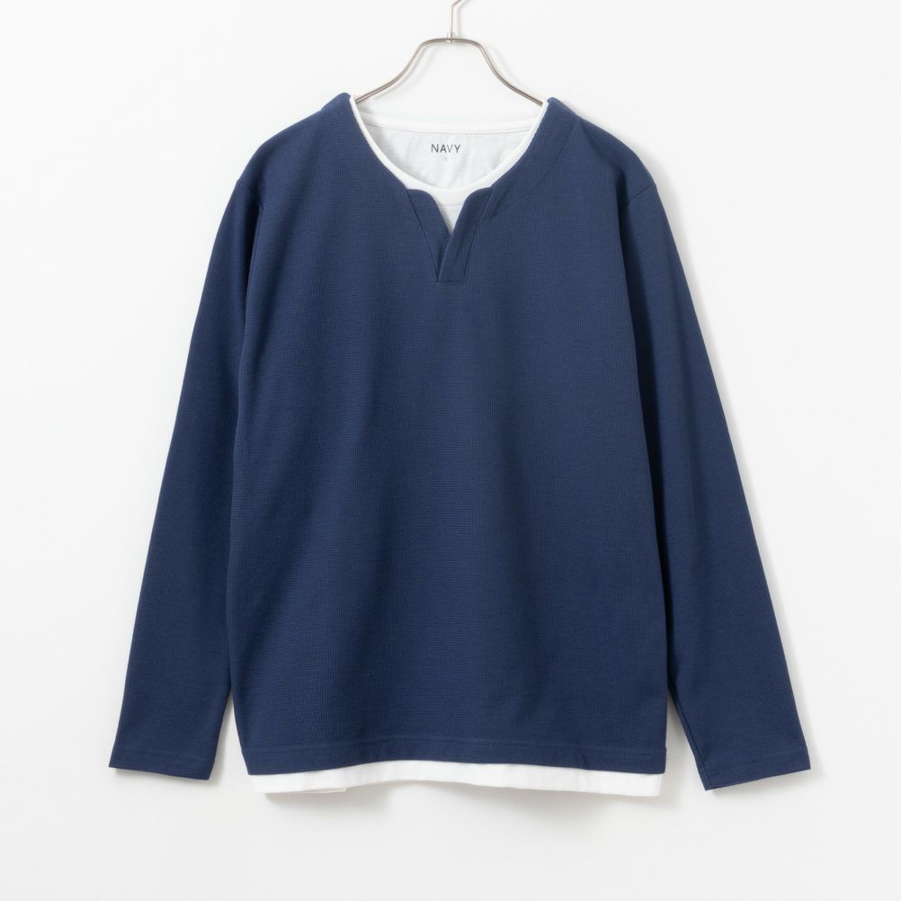 NAVY  カノコキーネックレイヤード長袖Tシャツ メンズ商品画像-4