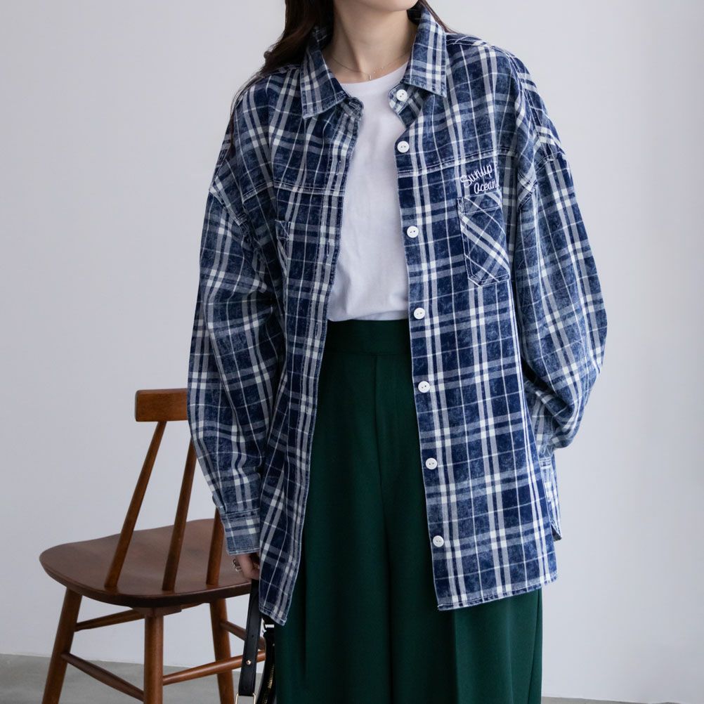 【MahAloha】ユーズド加工 インディゴチェックシャツ S UNDERWRAPS インディゴチェックルーズシャツ レディース
