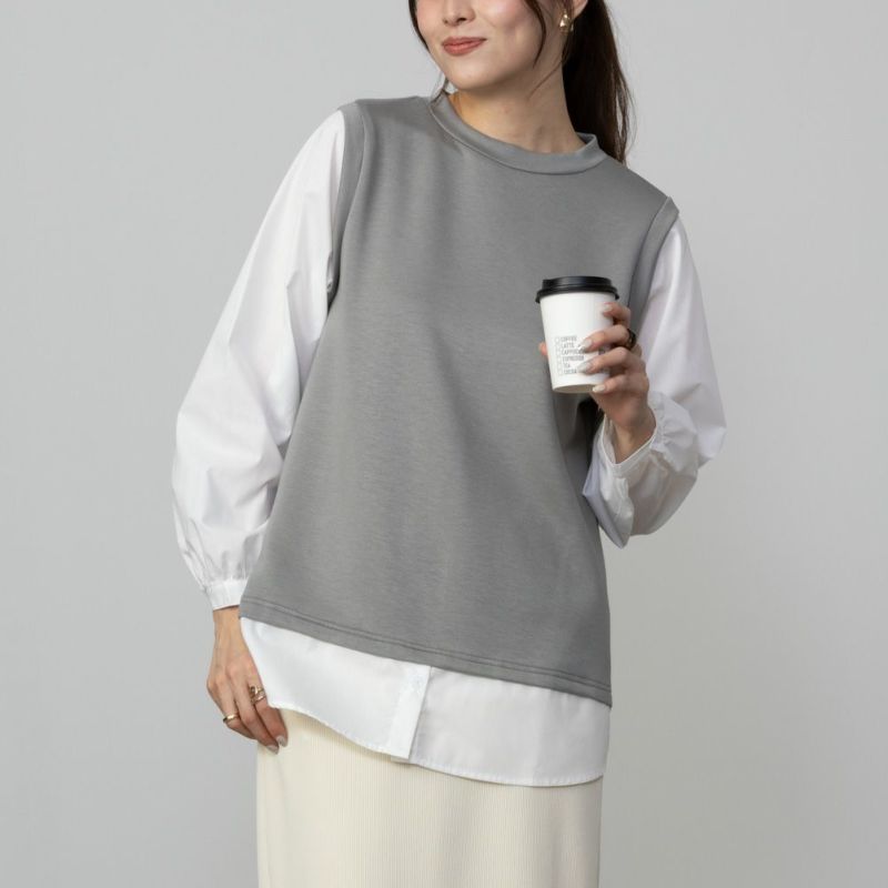 URBAN COLLECTION  エアスムージー ポンチ素材 フェイクアンサンブルプルオーバー レディース商品画像-3