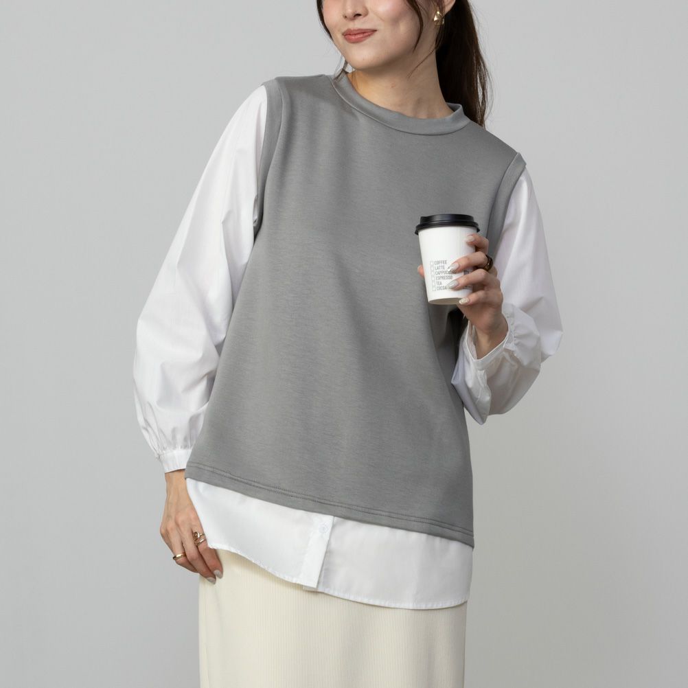 URBAN COLLECTION  エアスムージー ポンチ素材 フェイクアンサンブルプルオーバー レディース商品画像-3