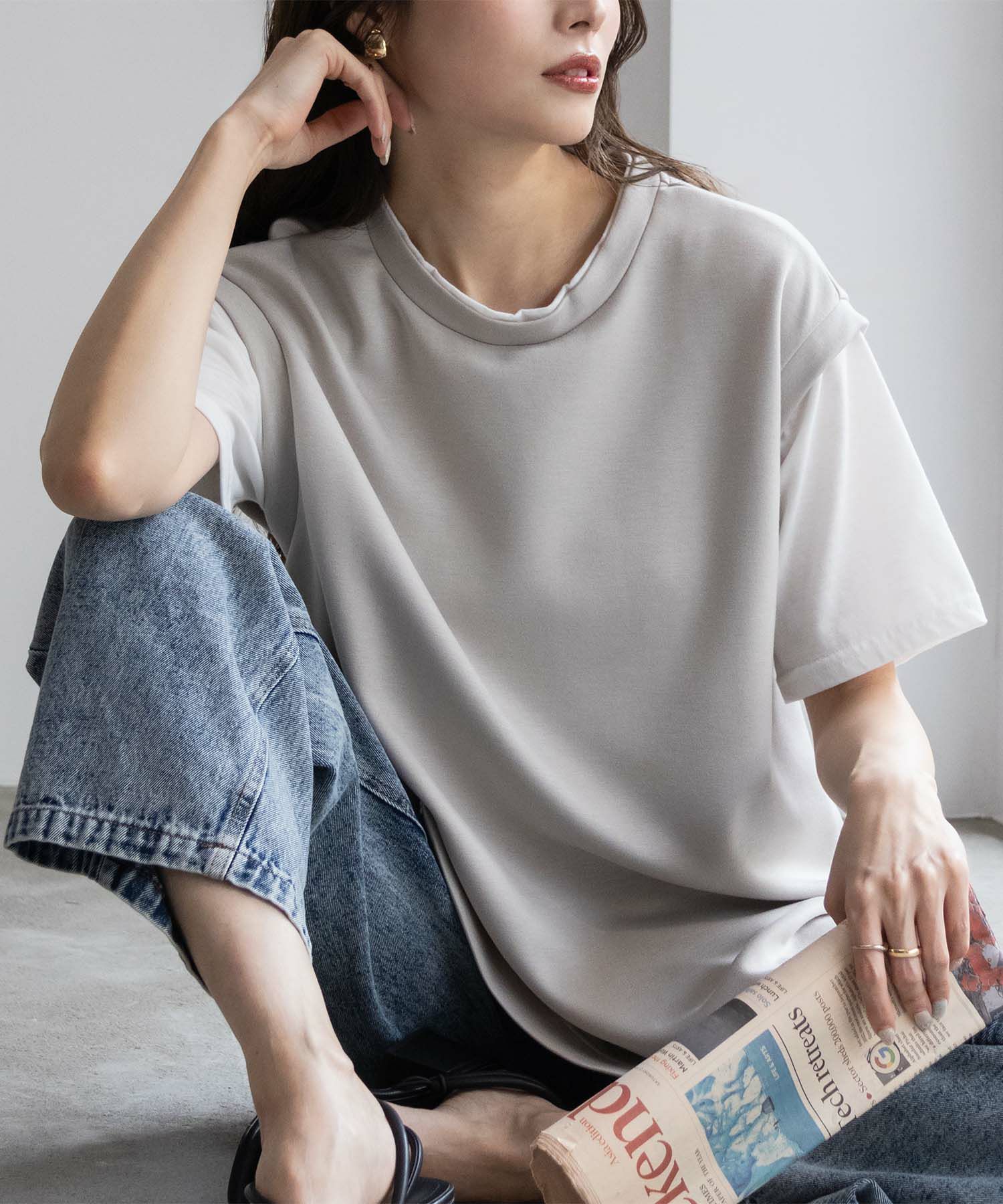 URBAN COLLECTION  エアスムージー ポンチ素材 フェイクレイヤードベストTシャツ レディース メール便 対応商品商品サムネイル-1