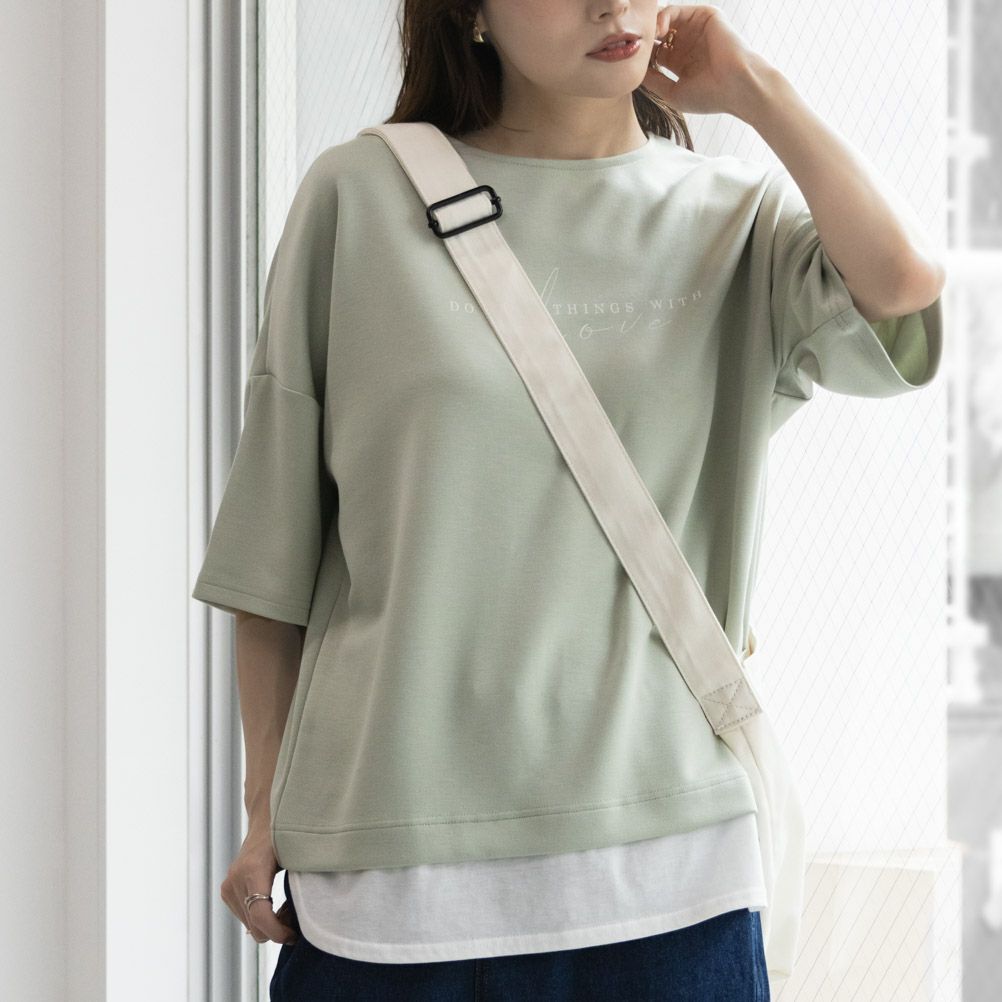 URBAN COLLECTION  エアスムージー ポンチ素材 裾フェイクレイヤードプリントTシャツ レディース メール便 対応商品商品サムネイル-1