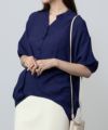 NAVY スラブ裾タック5分袖スキッパーブラウス レディース