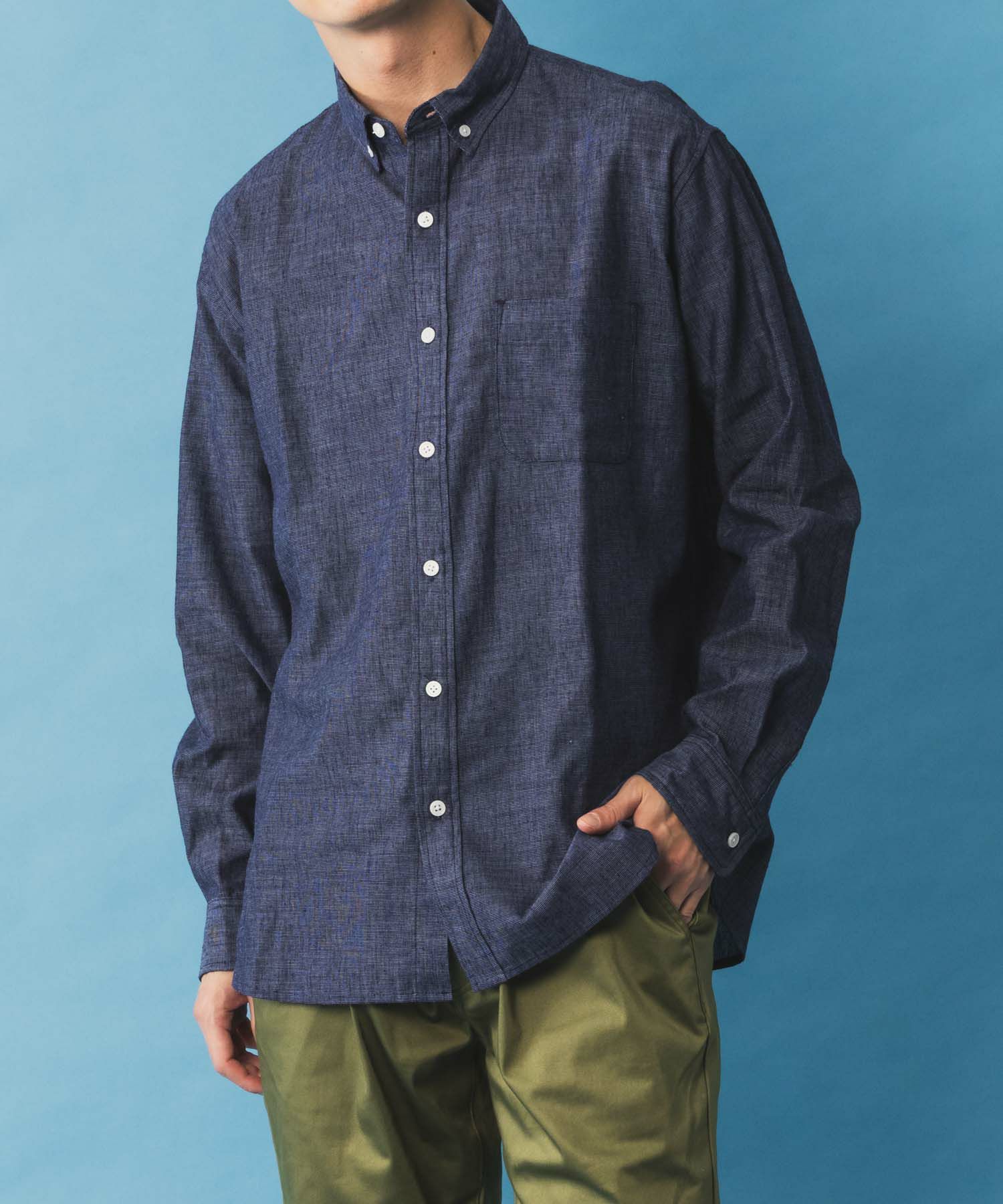 NAVY リネン混ロングスリーブシャツ メンズ