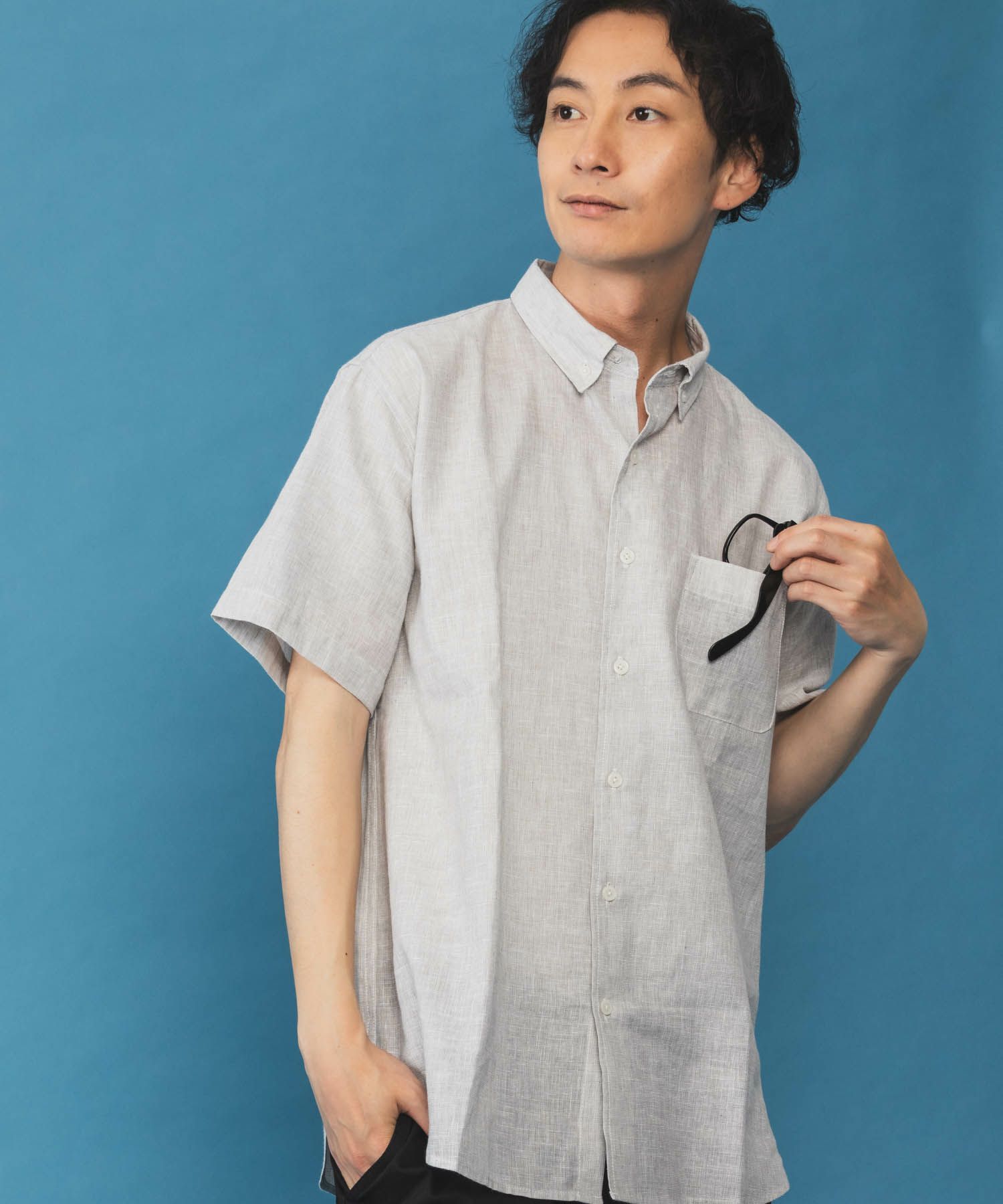 NAVY リネン混ショートスリーブシャツ メンズ