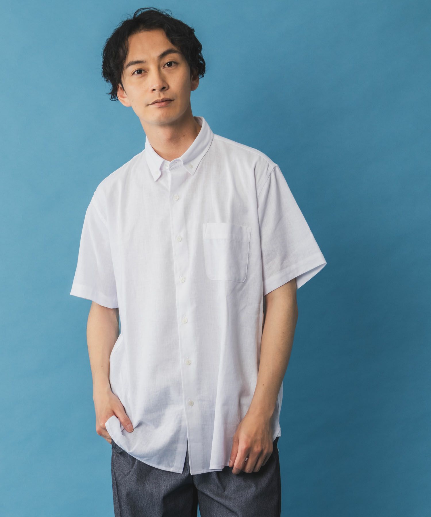 NAVY リネン混ショートスリーブシャツ メンズ
