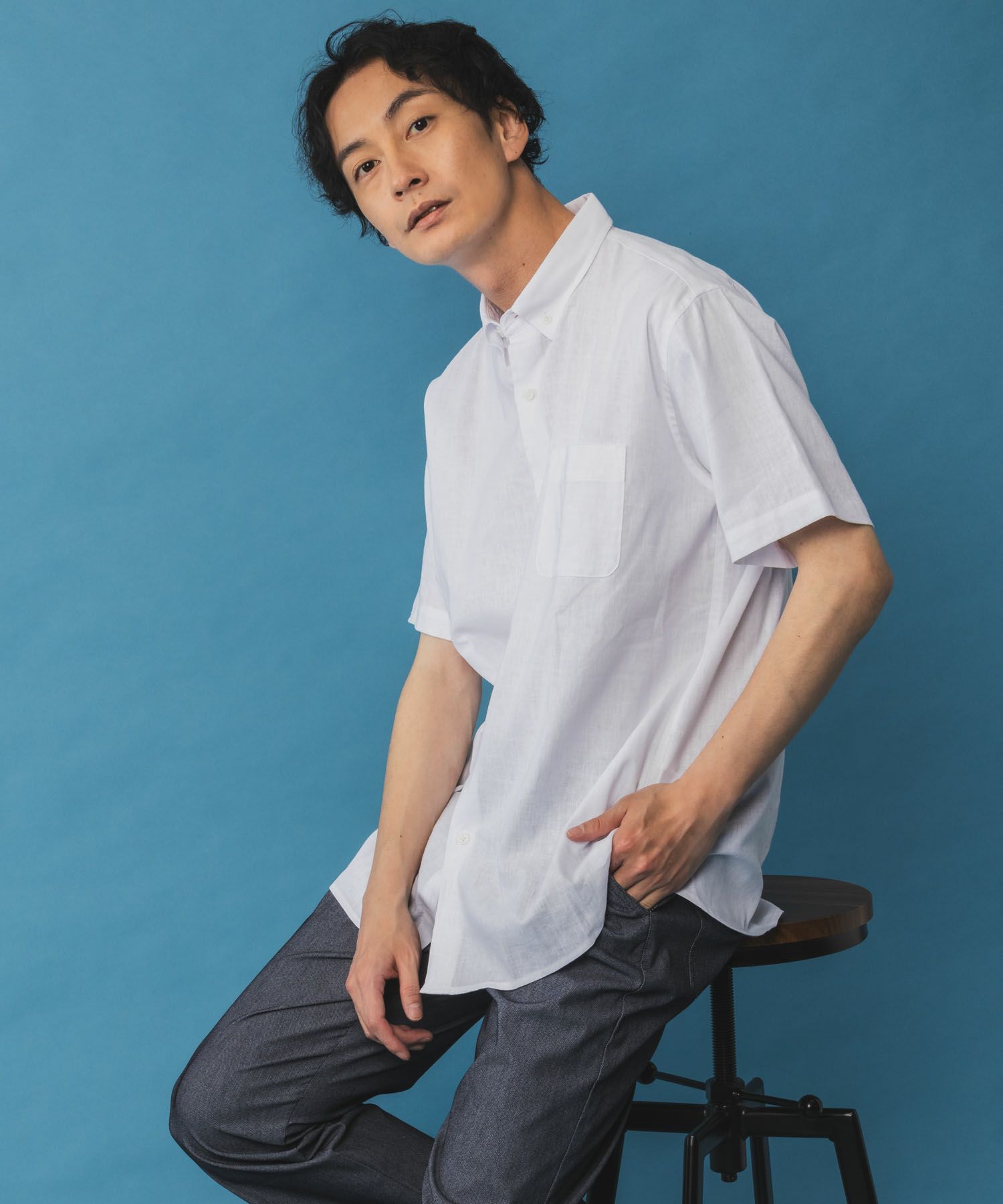 NAVY リネン混ショートスリーブシャツ メンズ