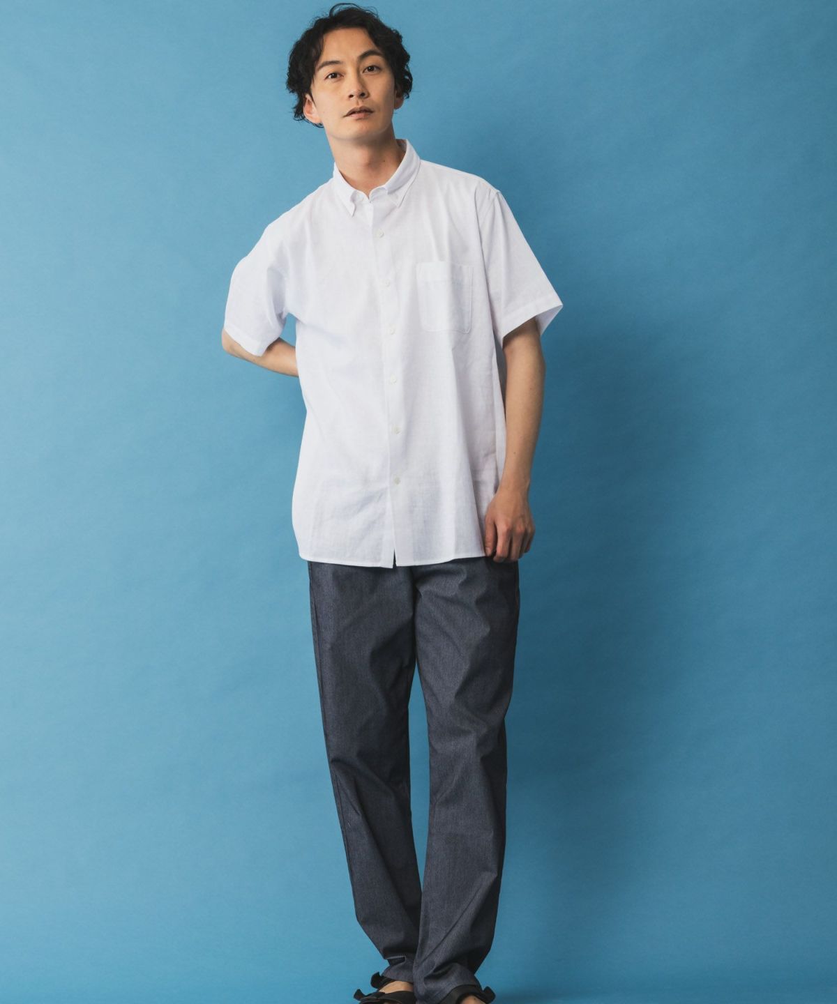 NAVY リネン混ショートスリーブシャツ メンズ