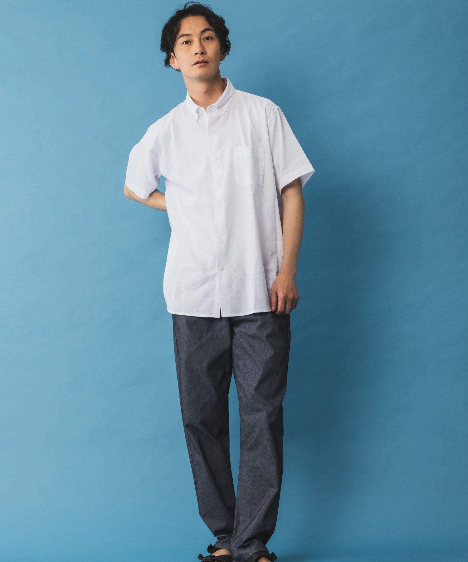 NAVY リネン混ショートスリーブシャツ メンズ