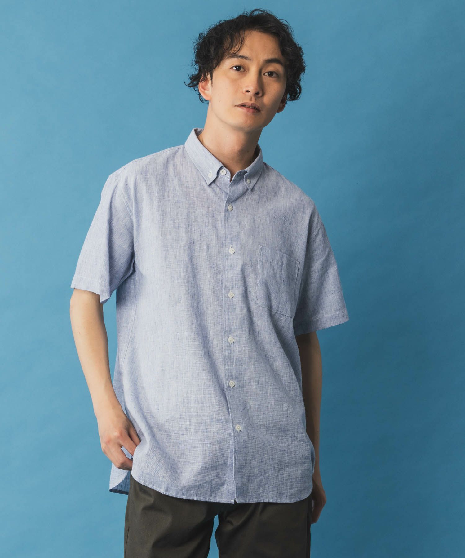 NAVY リネン混ショートスリーブシャツ メンズ