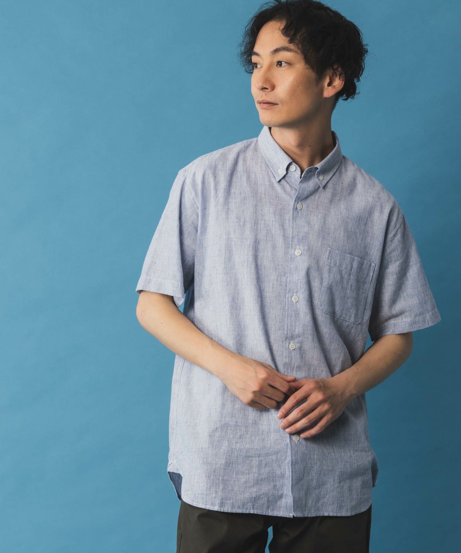 NAVY リネン混ショートスリーブシャツ メンズ