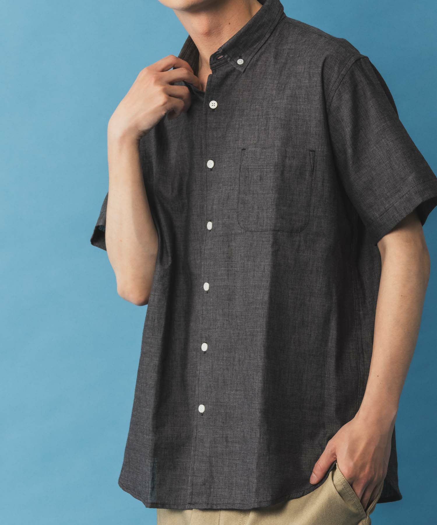 NAVY リネン混ショートスリーブシャツ メンズ