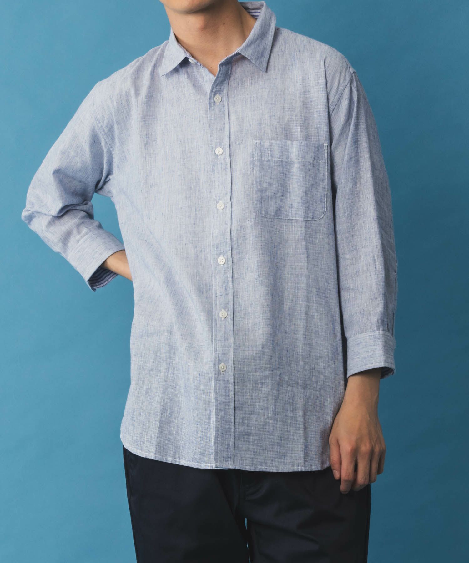 NAVY リネン混7分袖シャツ メンズ