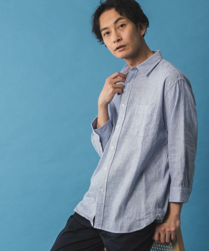 NAVY リネン混7分袖シャツ メンズ NAVY リネン混7分袖シャツ メンズ