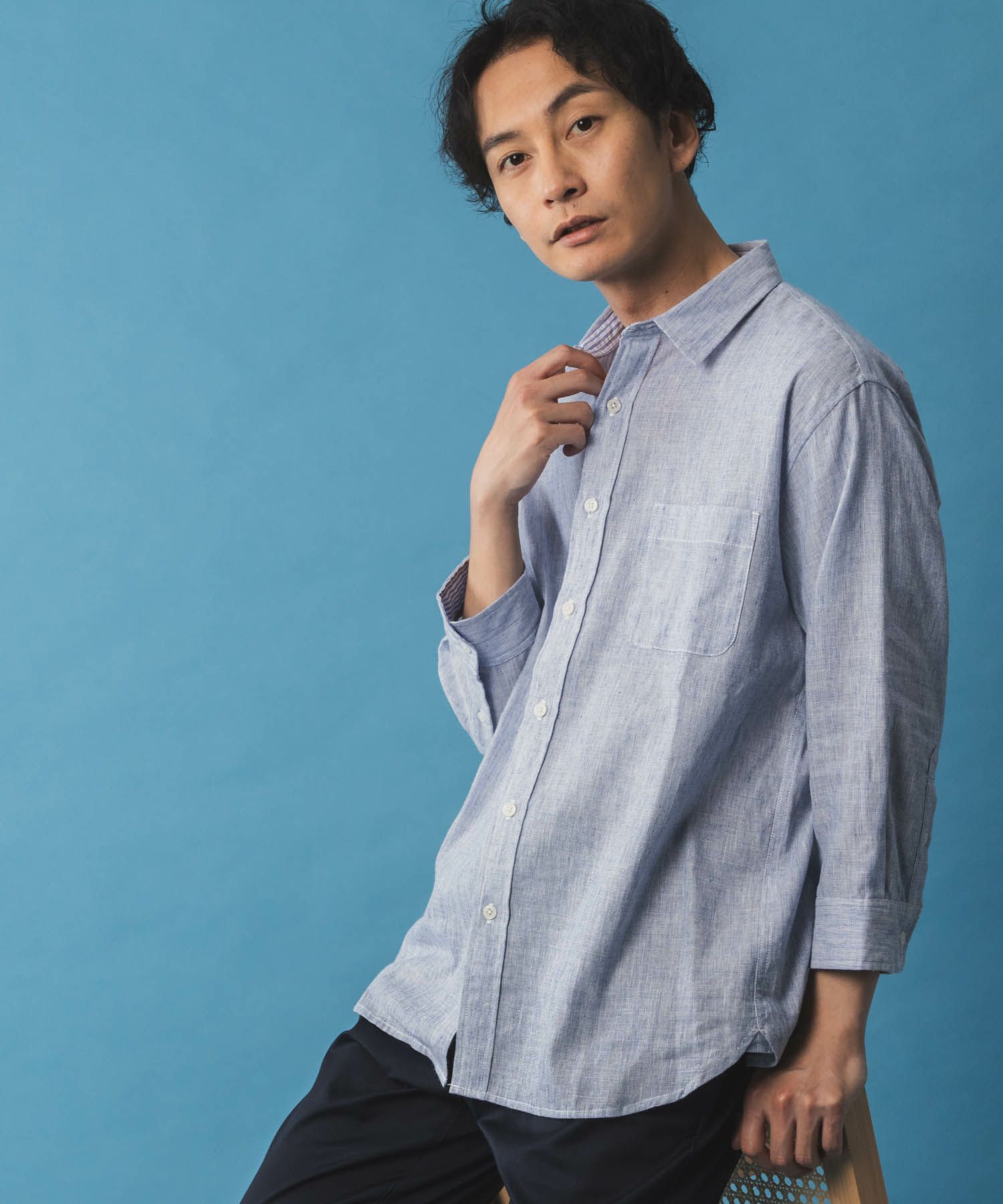 NAVY リネン混7分袖シャツ メンズ 