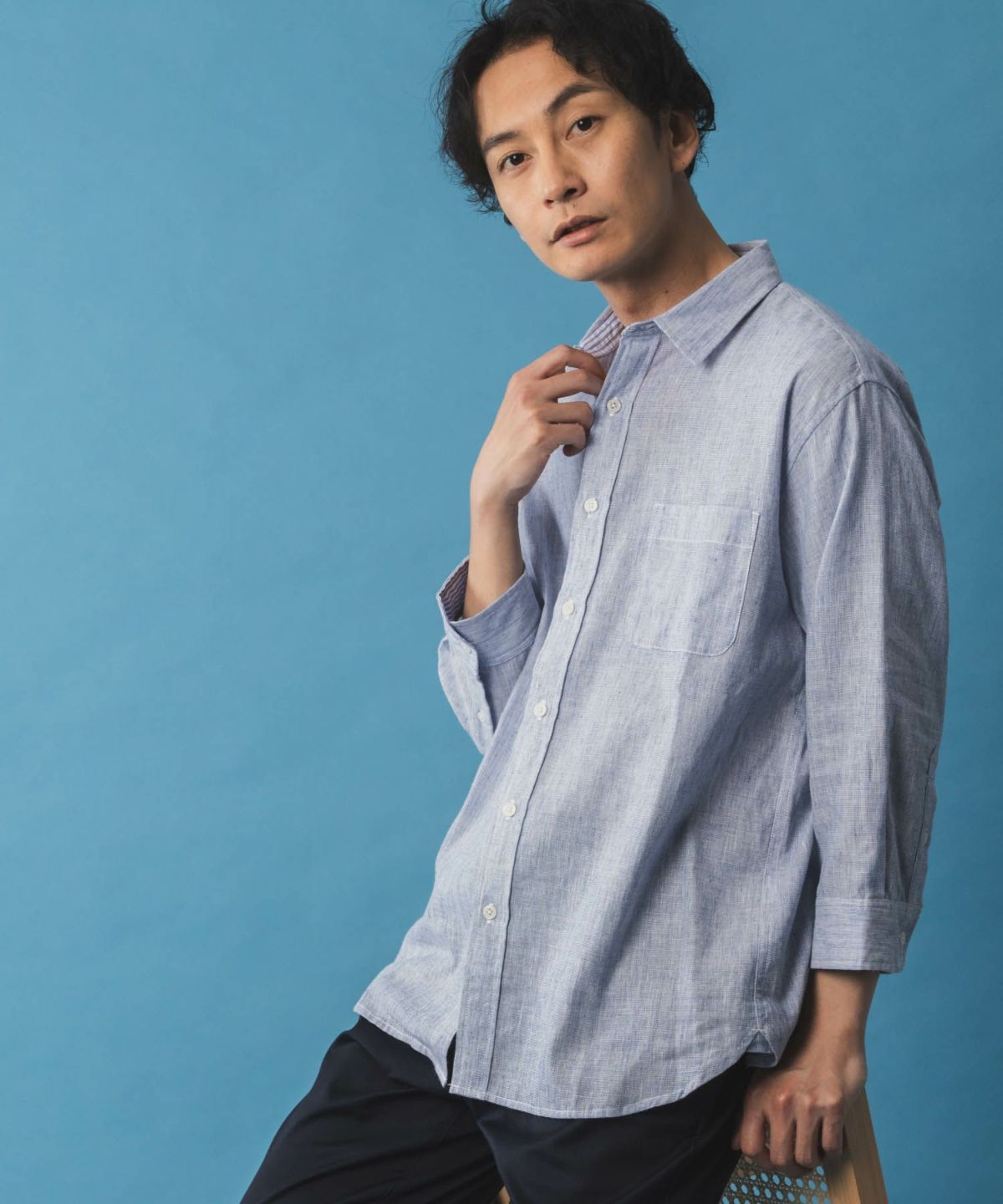 NAVY リネン混7分袖シャツ メンズ