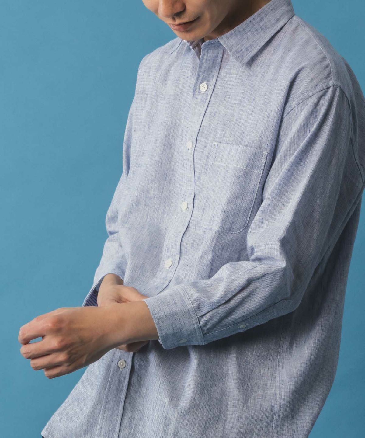 NAVY リネン混7分袖シャツ メンズ