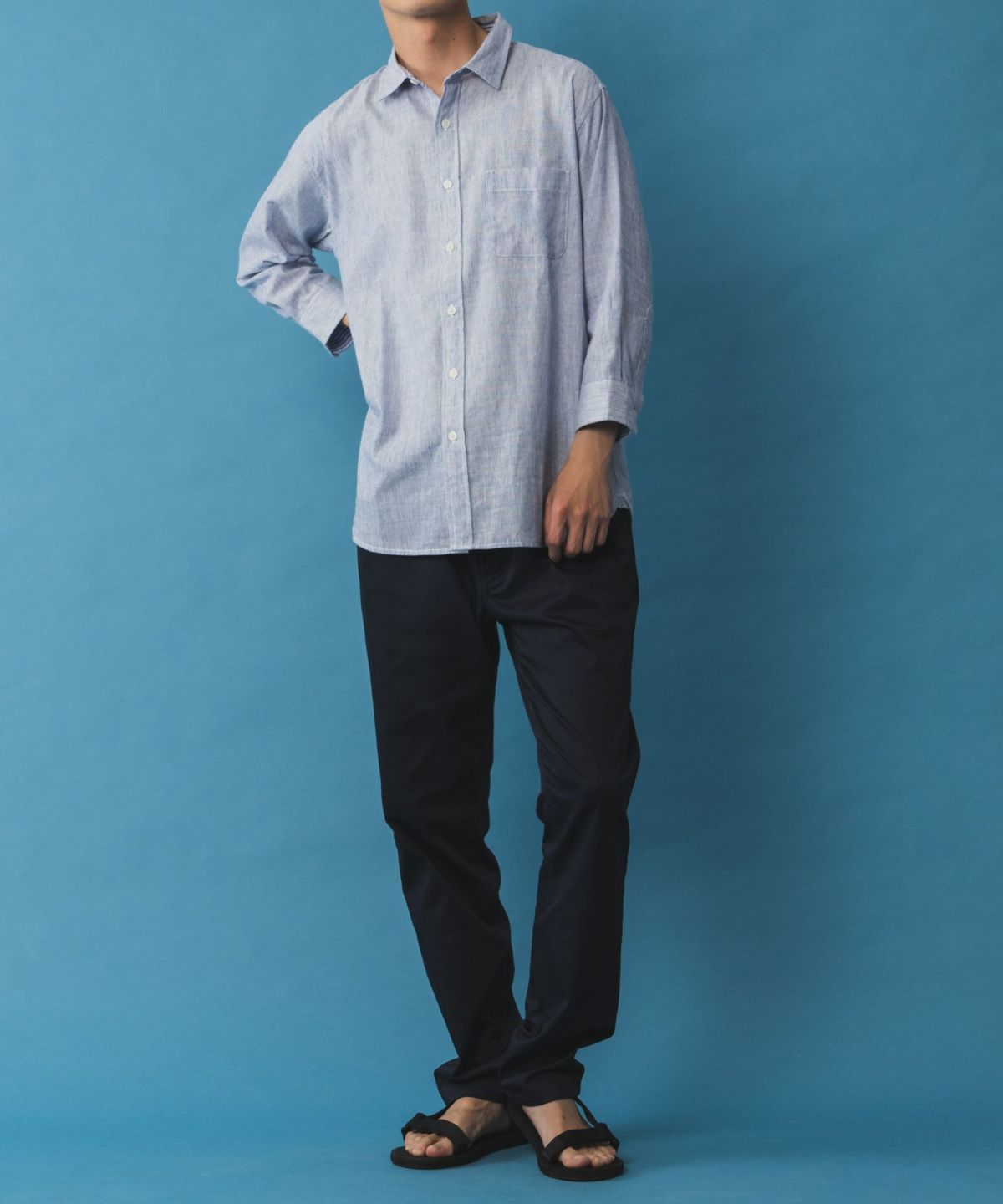 NAVY リネン混7分袖シャツ メンズ
