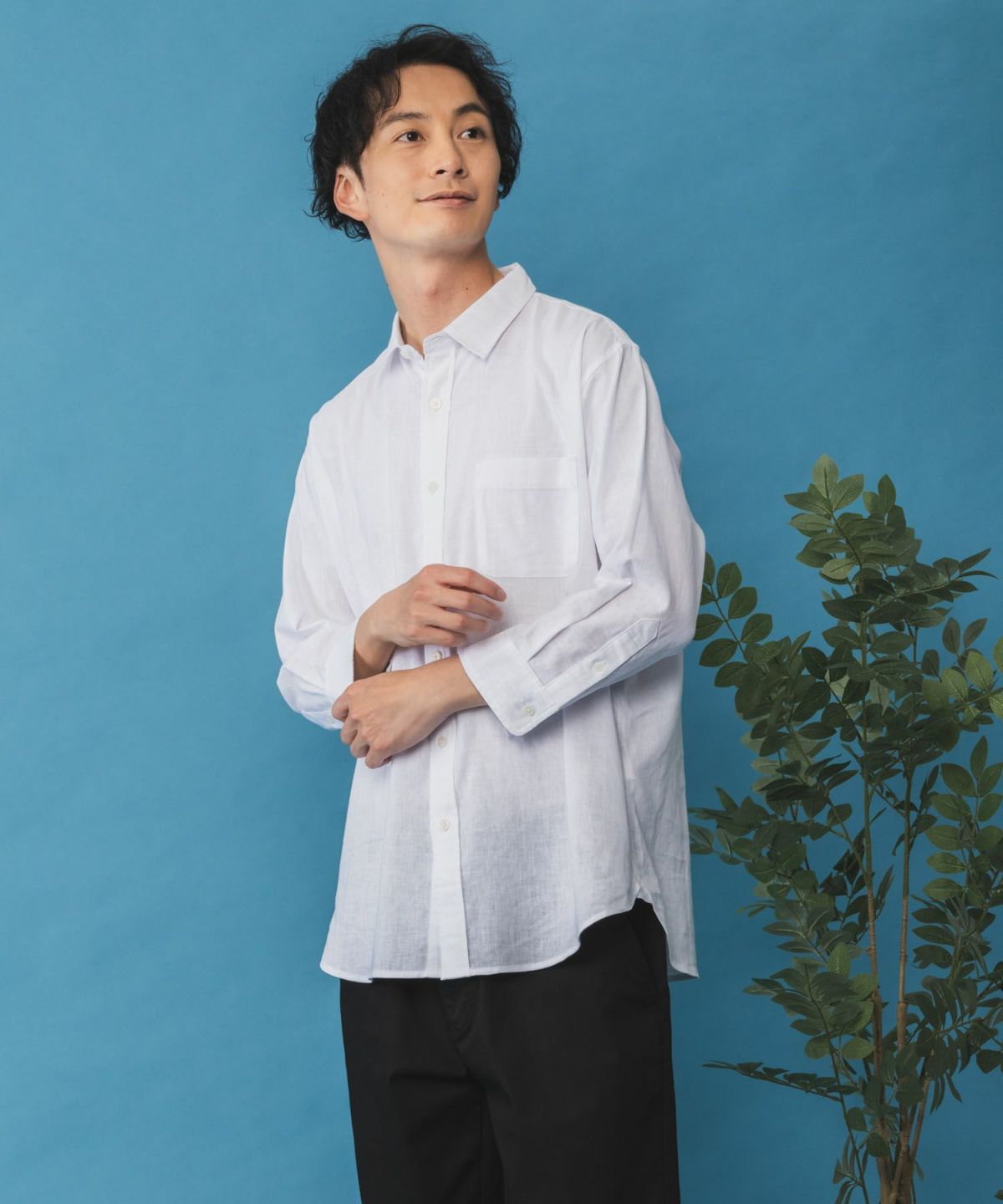 NAVY リネン混7分袖シャツ メンズ