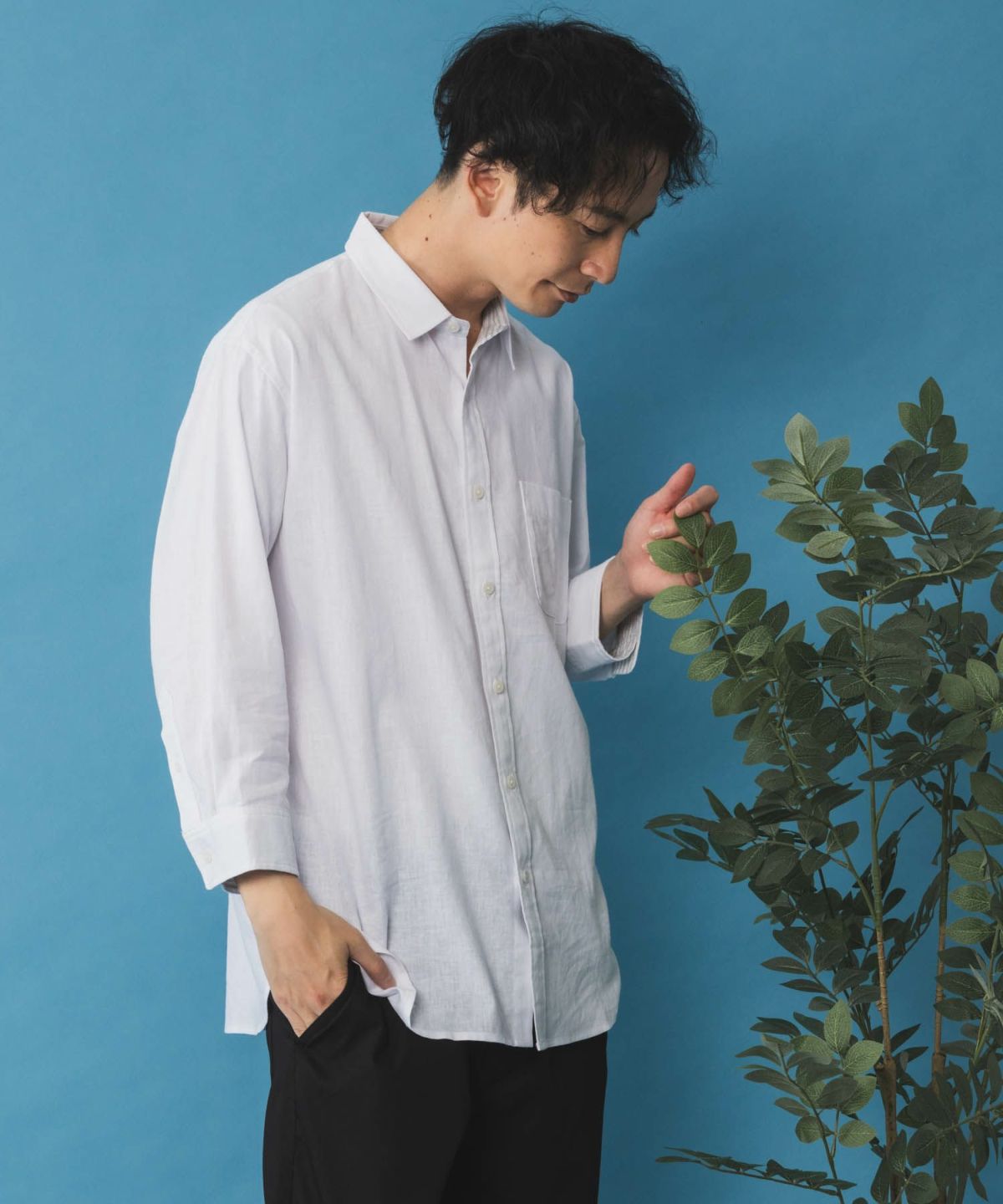 NAVY リネン混7分袖シャツ メンズ