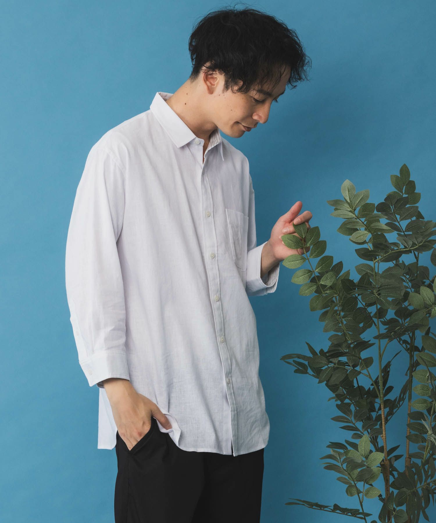 NAVY リネン混7分袖シャツ メンズ