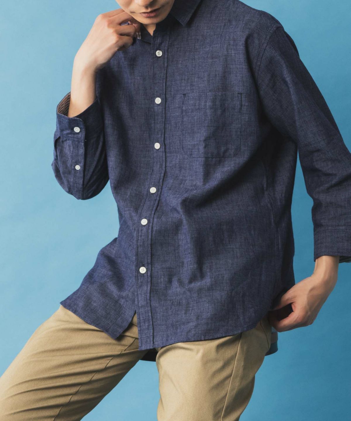 NAVY リネン混7分袖シャツ メンズ