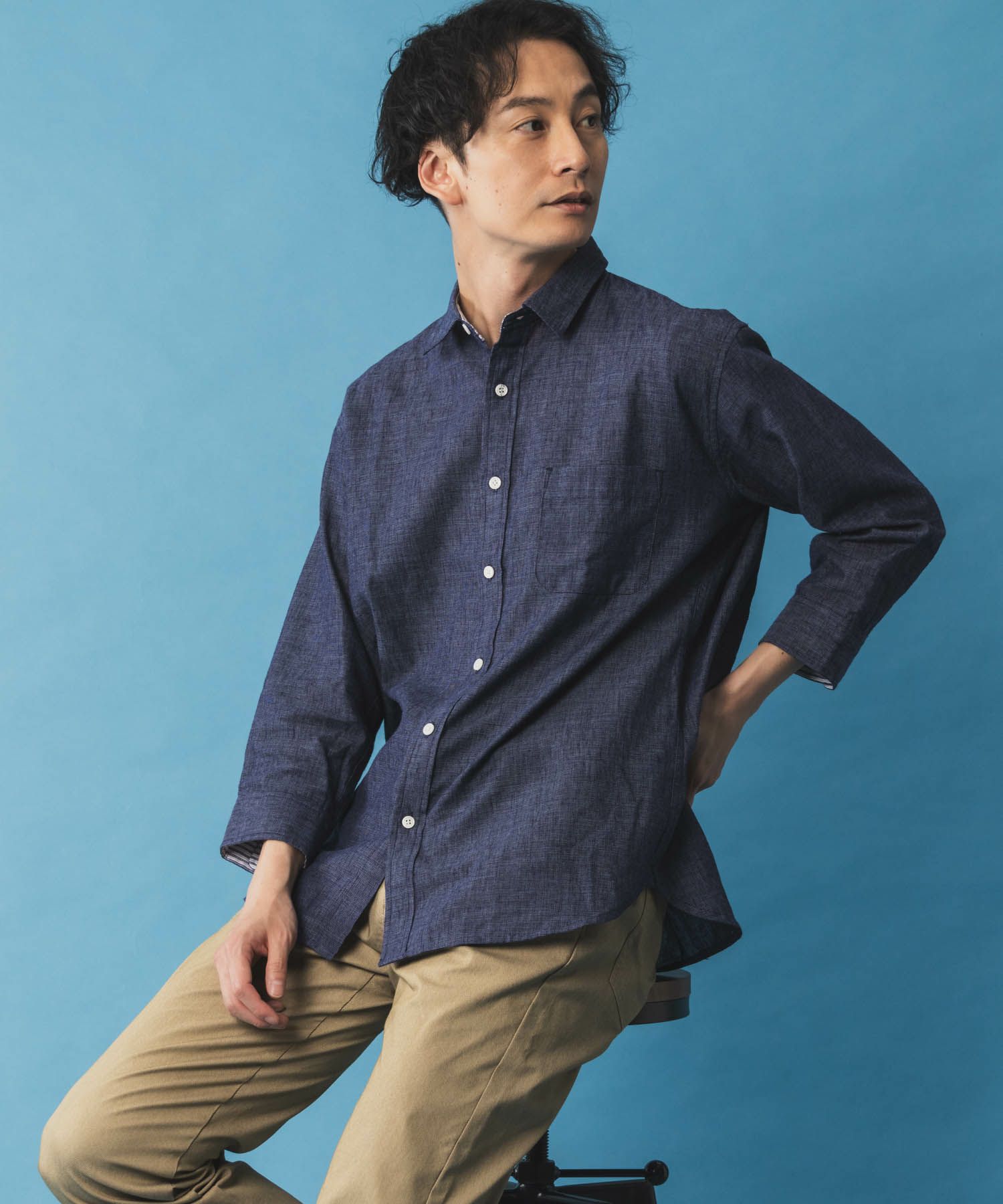NAVY リネン混7分袖シャツ メンズ