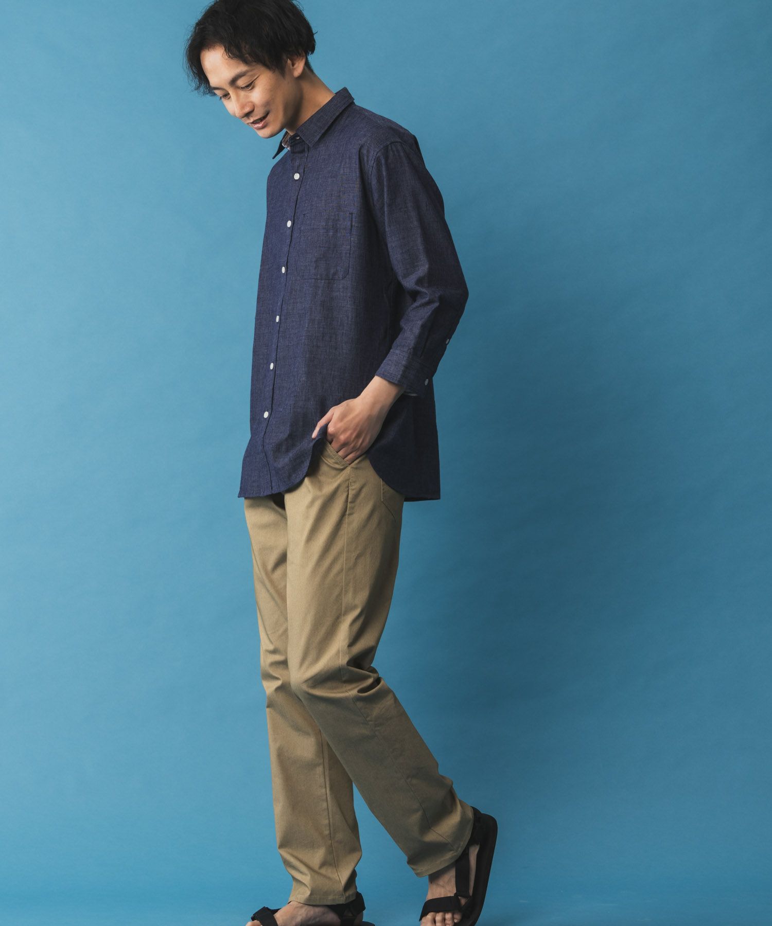 NAVY リネン混7分袖シャツ メンズ
