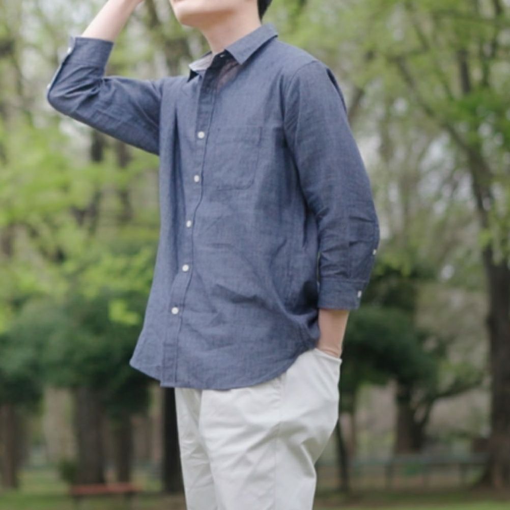 NAVY リネン混7分袖シャツ メンズ