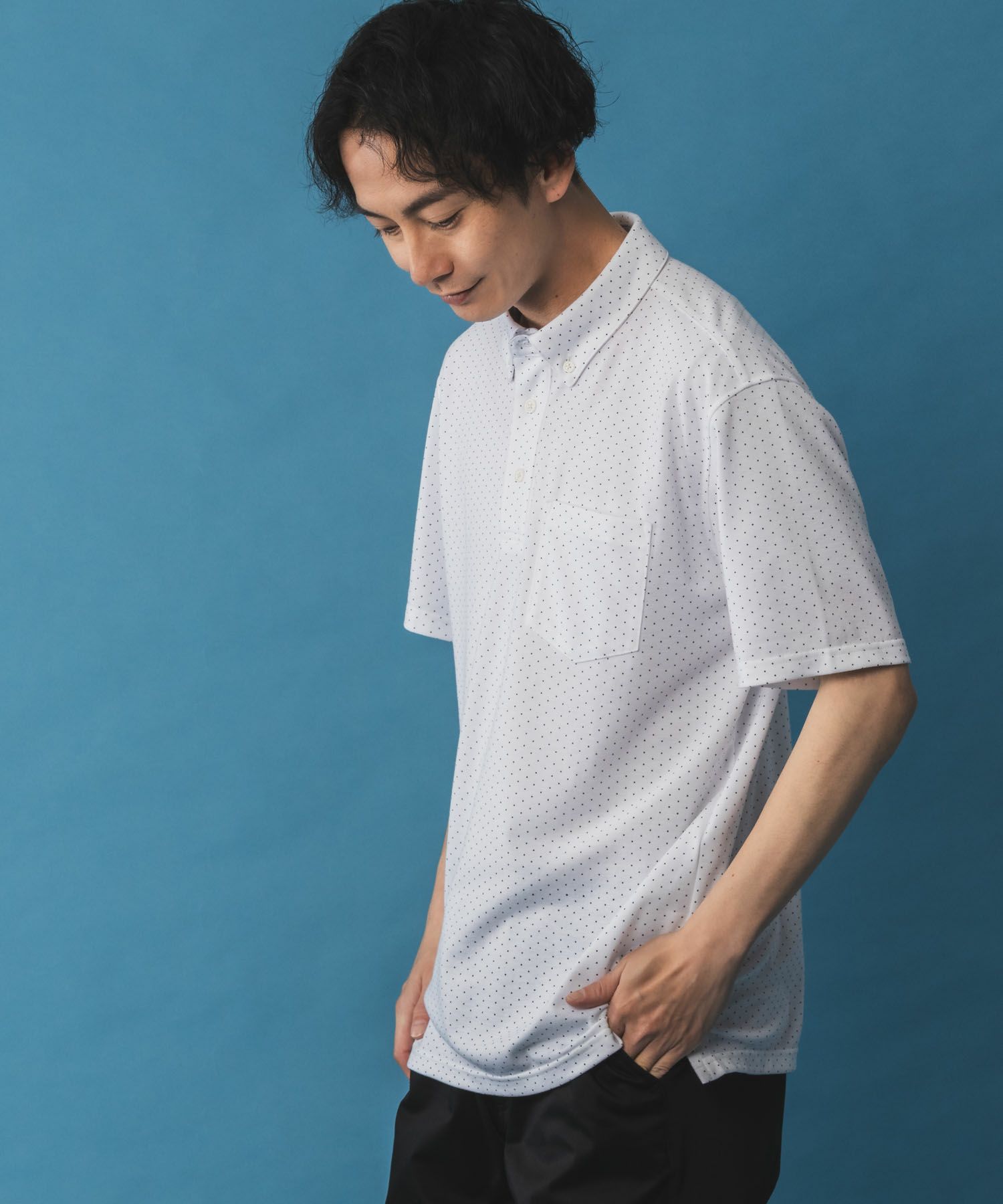 NAVY SARARI リピュール加工 総柄ポロシャツ メンズ