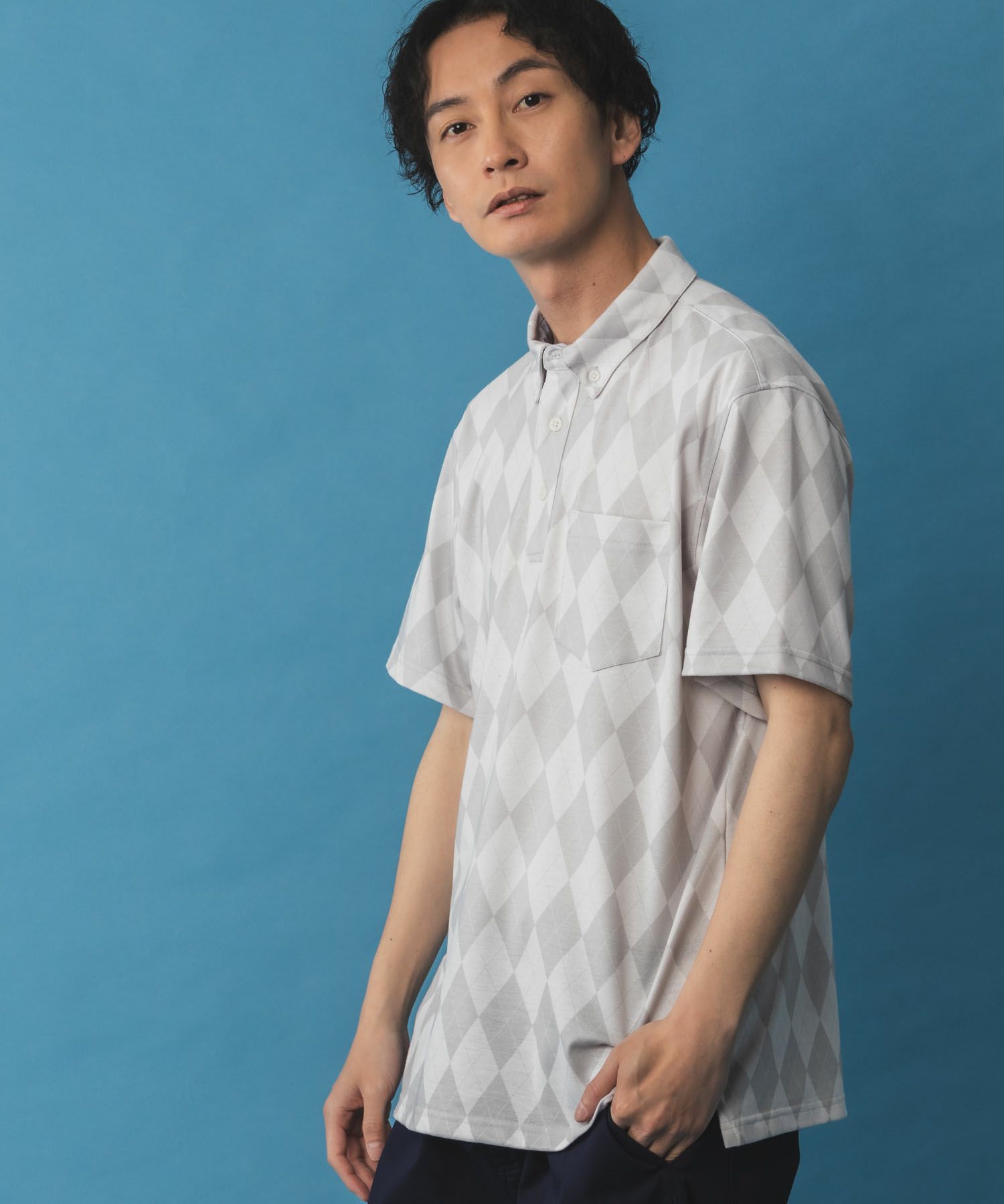 NAVY SARARI リピュール加工 総柄ポロシャツ メンズ