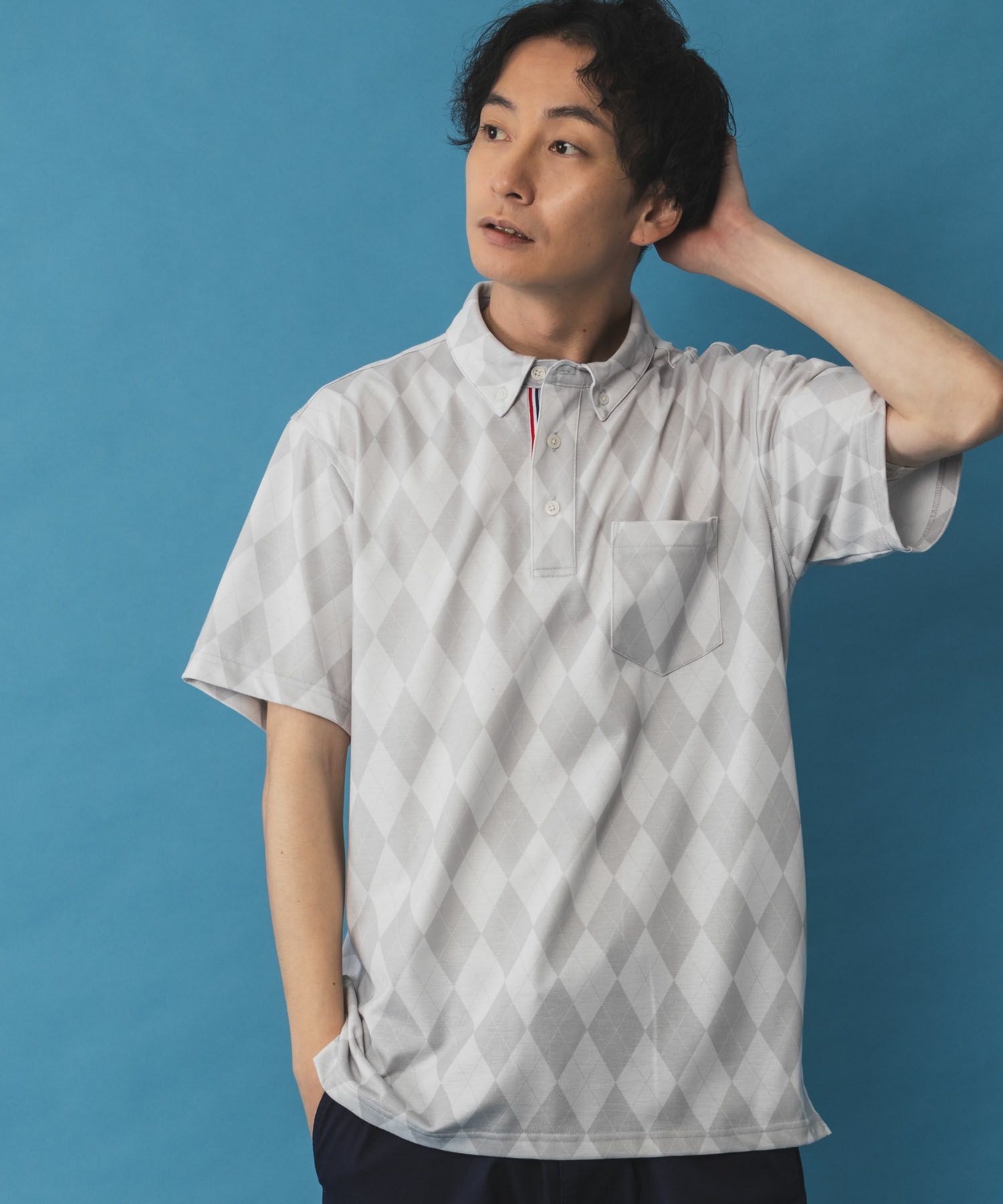 NAVY SARARI リピュール加工 総柄ポロシャツ メンズ