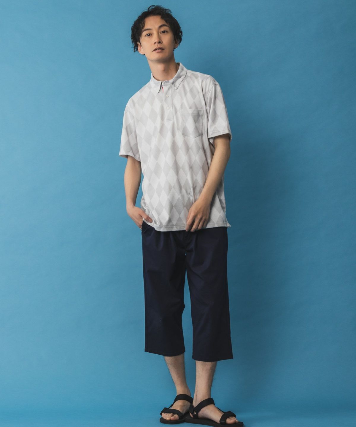 NAVY SARARI リピュール加工 総柄ポロシャツ メンズ