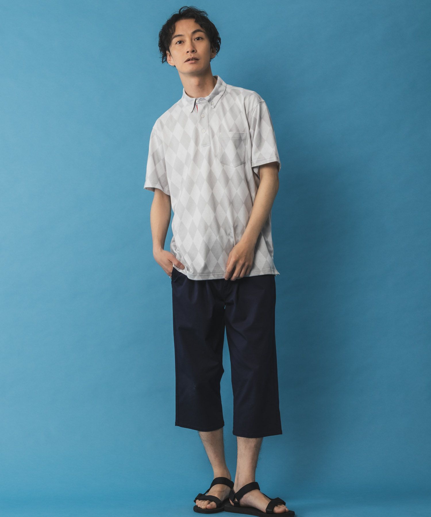 NAVY SARARI リピュール加工 総柄ポロシャツ メンズ
