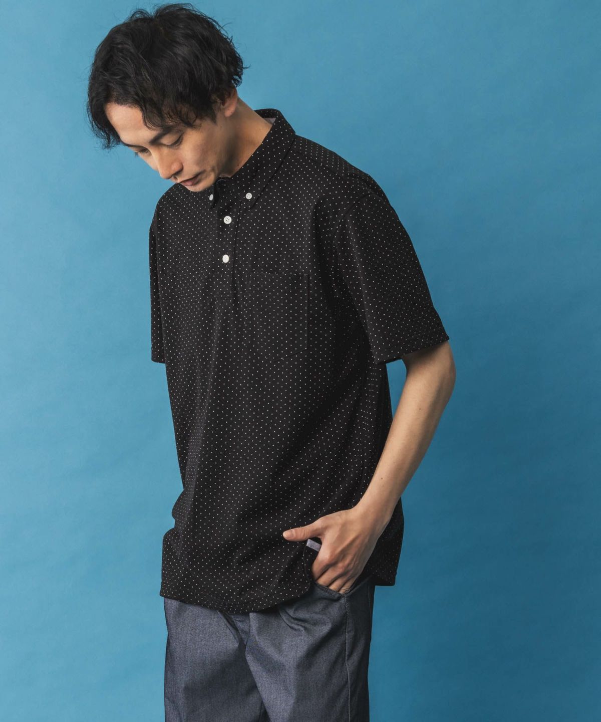 NAVY SARARI リピュール加工 総柄ポロシャツ メンズ