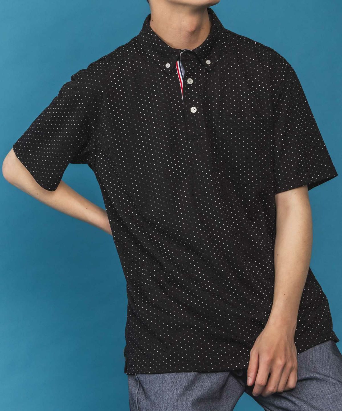 NAVY SARARI リピュール加工 総柄ポロシャツ メンズ