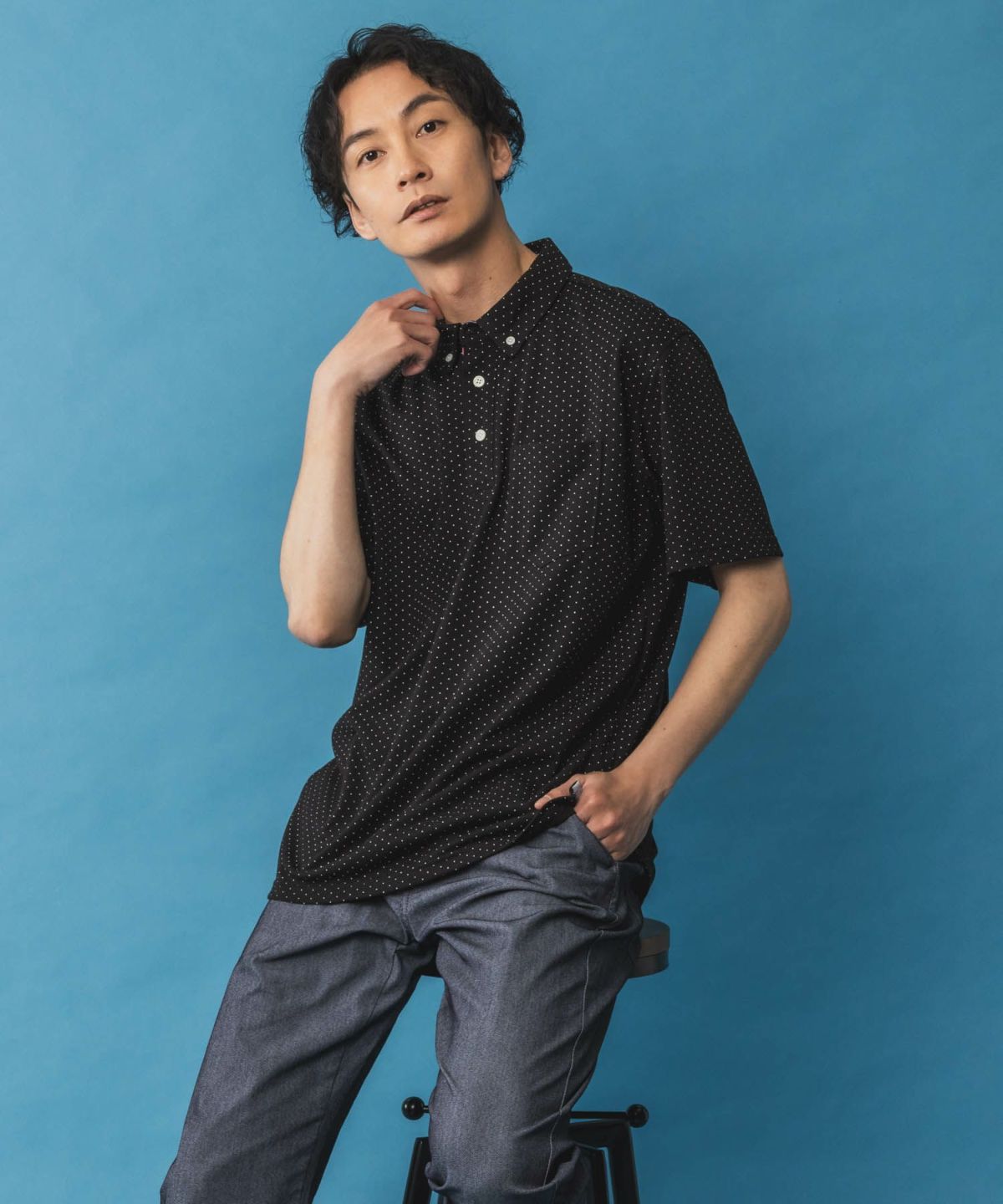 NAVY SARARI リピュール加工 総柄ポロシャツ メンズ