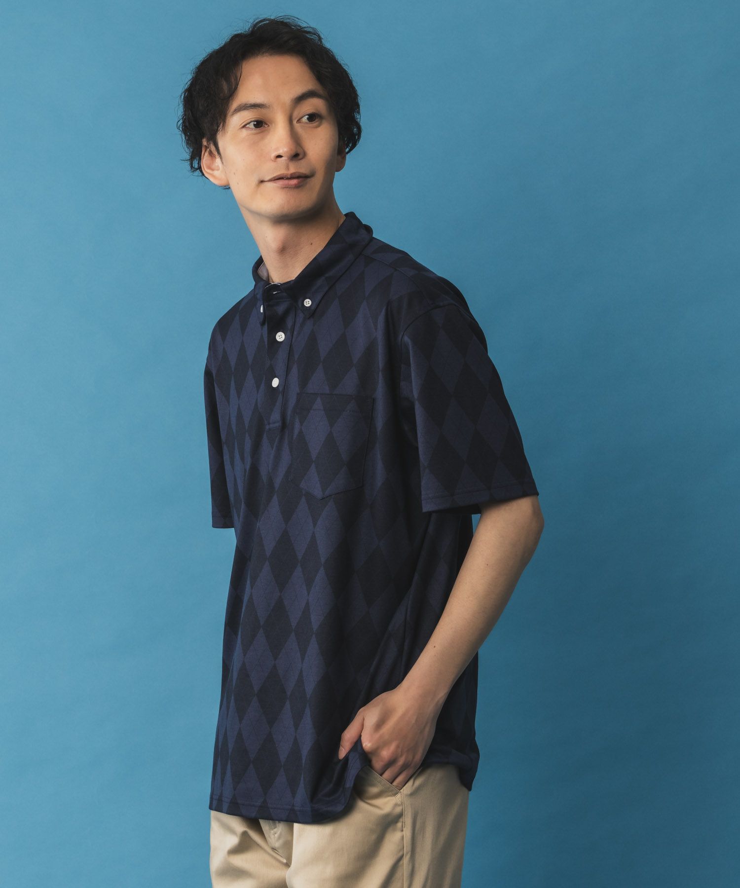 NAVY SARARI リピュール加工 総柄ポロシャツ メンズ