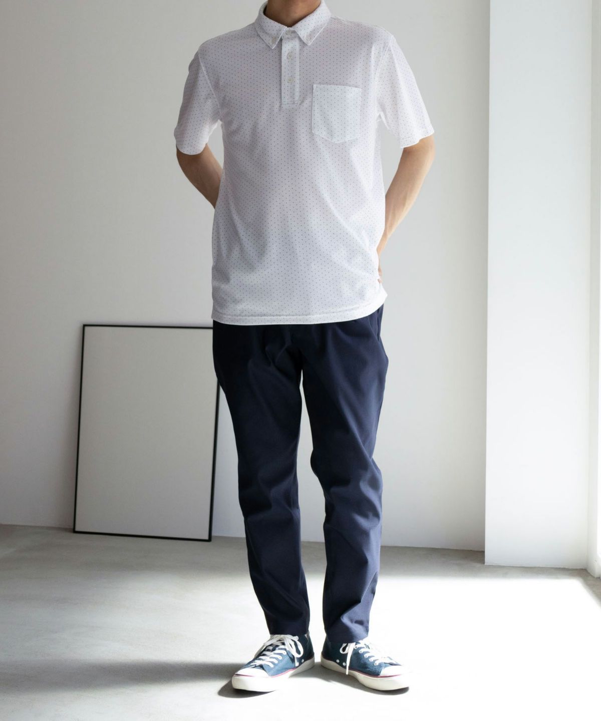 NAVY SARARI リピュール加工 総柄ポロシャツ メンズ