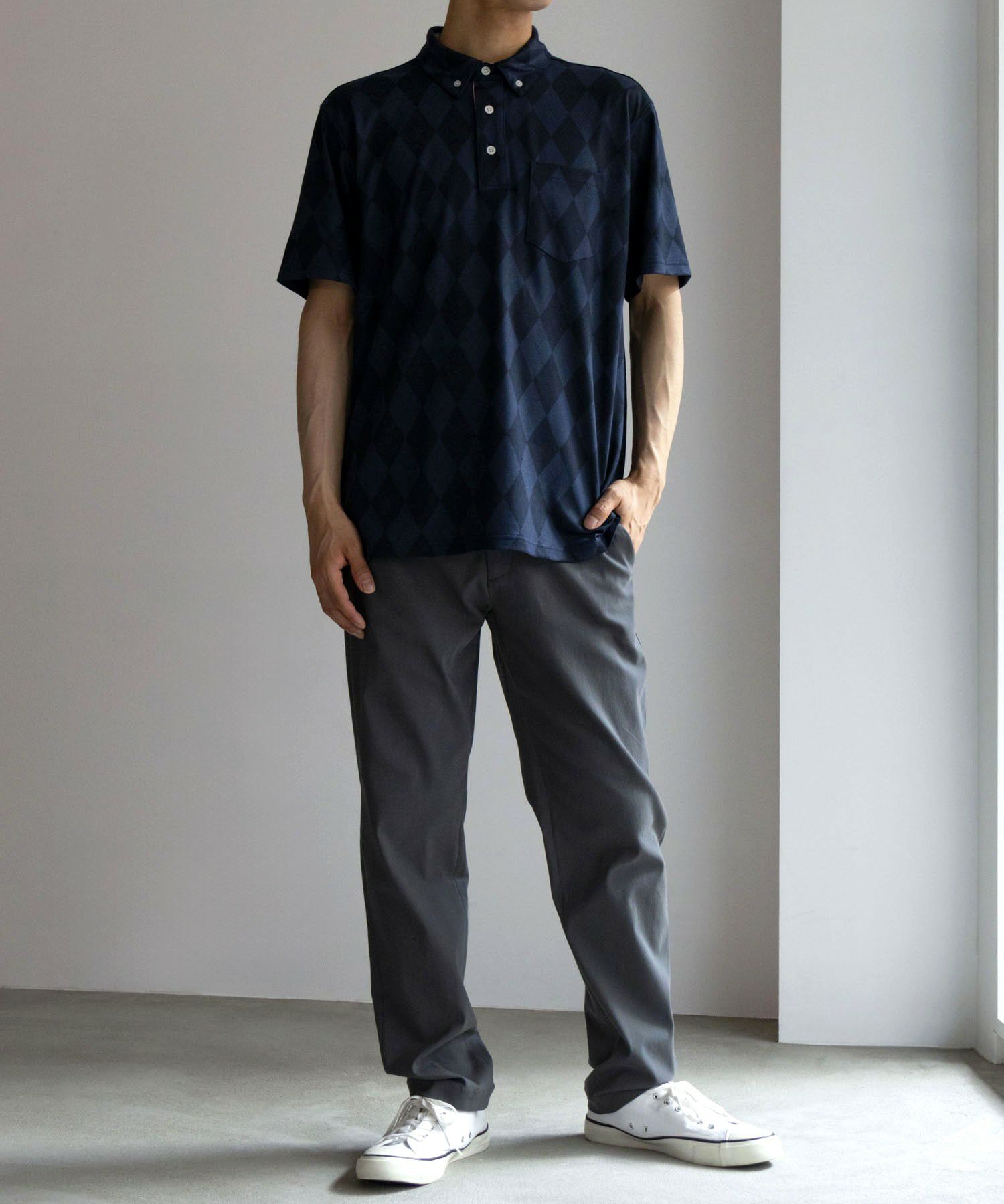 NAVY SARARI リピュール加工 総柄ポロシャツ メンズ