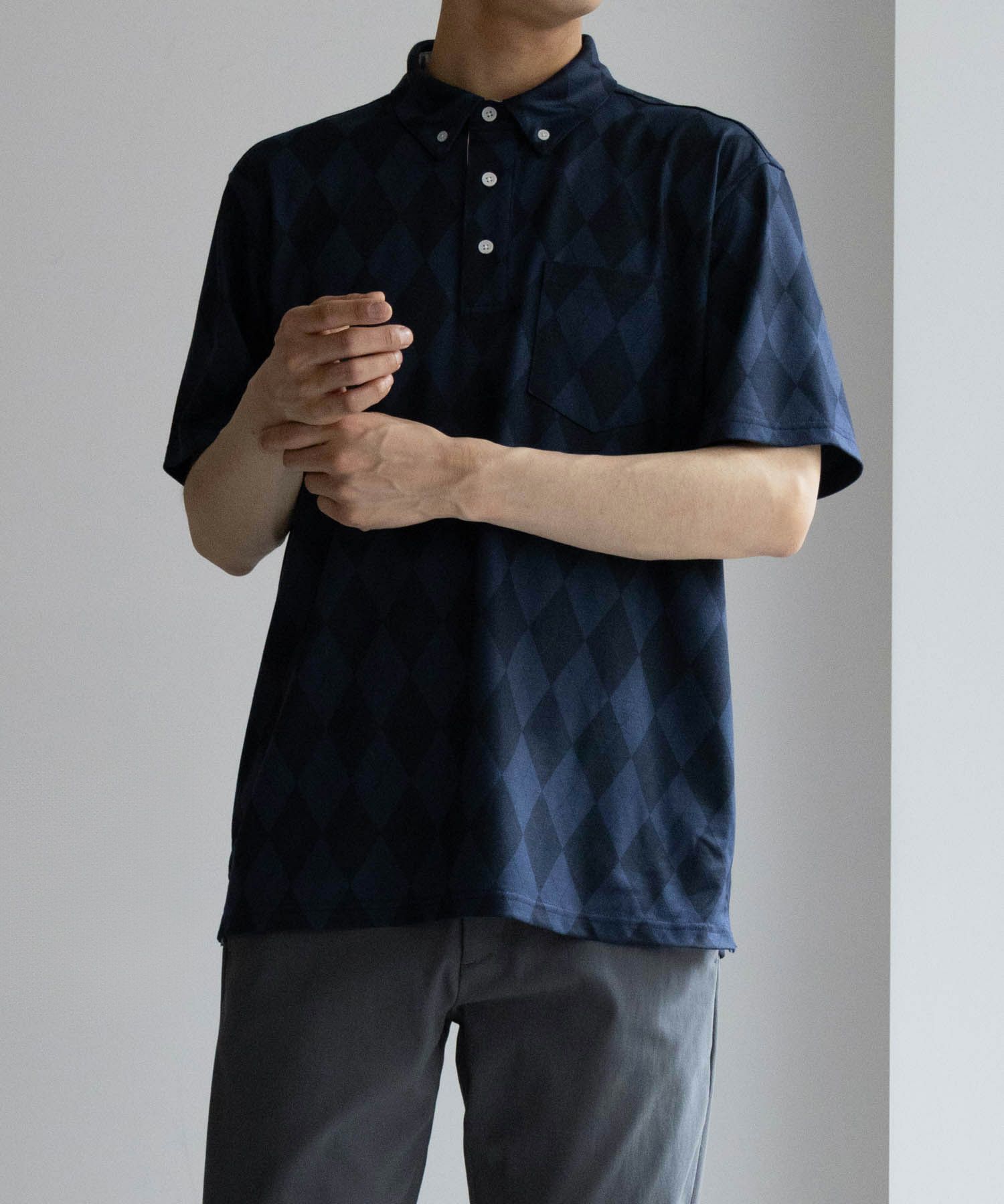 NAVY SARARI リピュール加工 総柄ポロシャツ メンズ