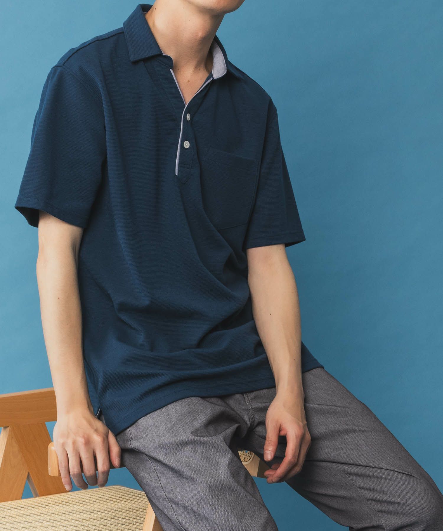 NAVY SARARI リピュール加工 リップルポロシャツ メンズ