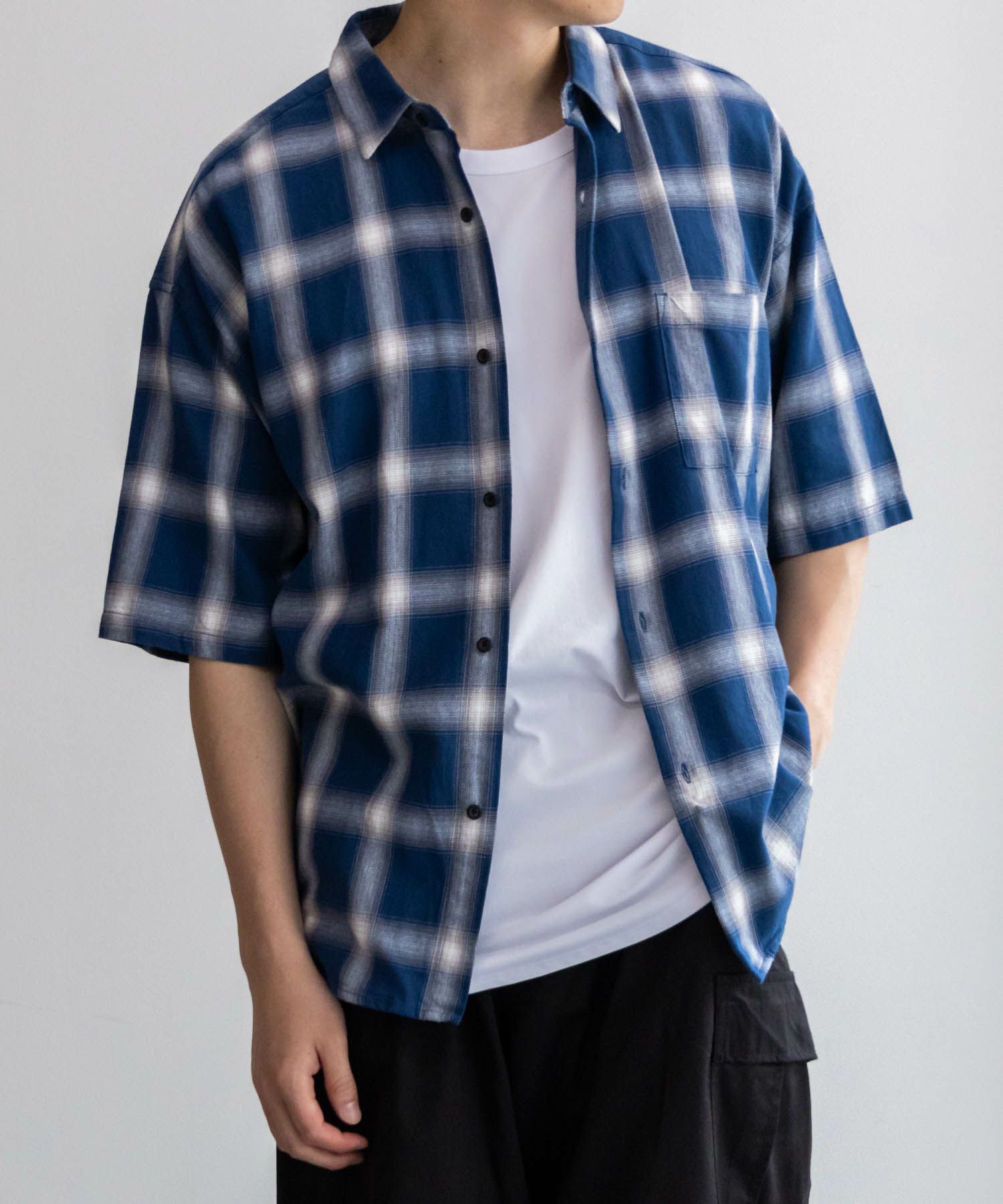 NAIVE MAGIC オンブレーチェックルーズサイズ半袖シャツ メンズ